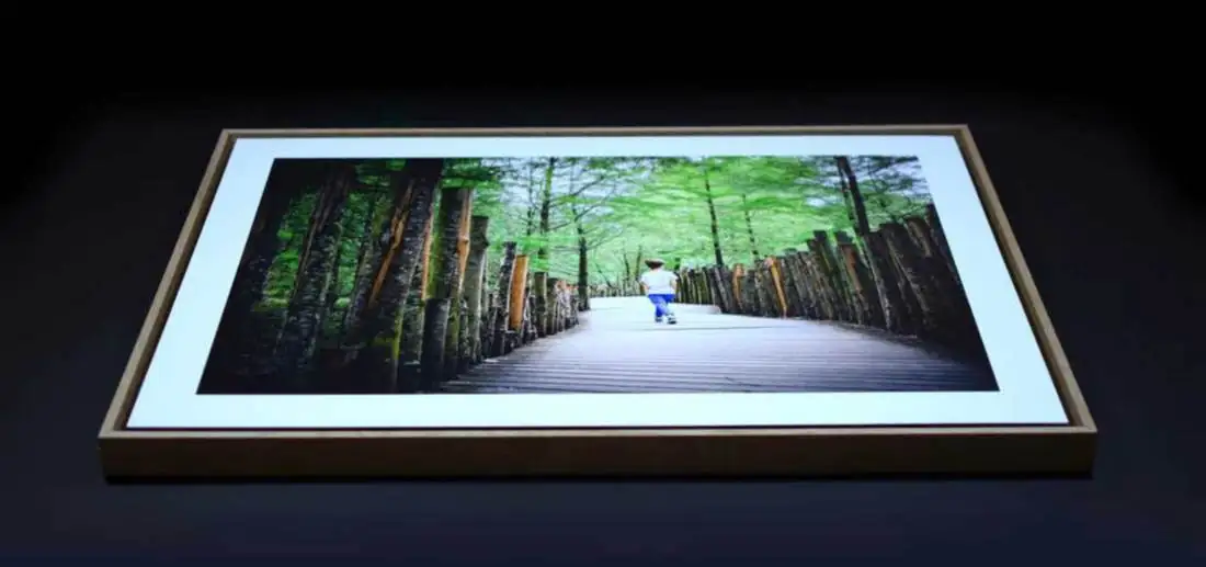 Fotografía de un bosque enmarcada con moldura de madera sobre fondo negro