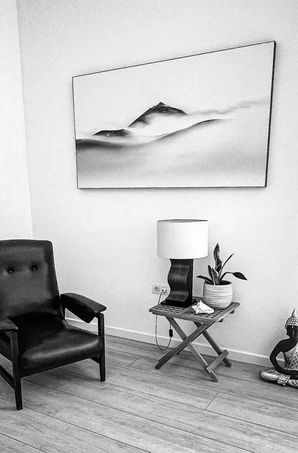 Fotografía en blanco y negro impresa sobre Dibond colgada en un salón