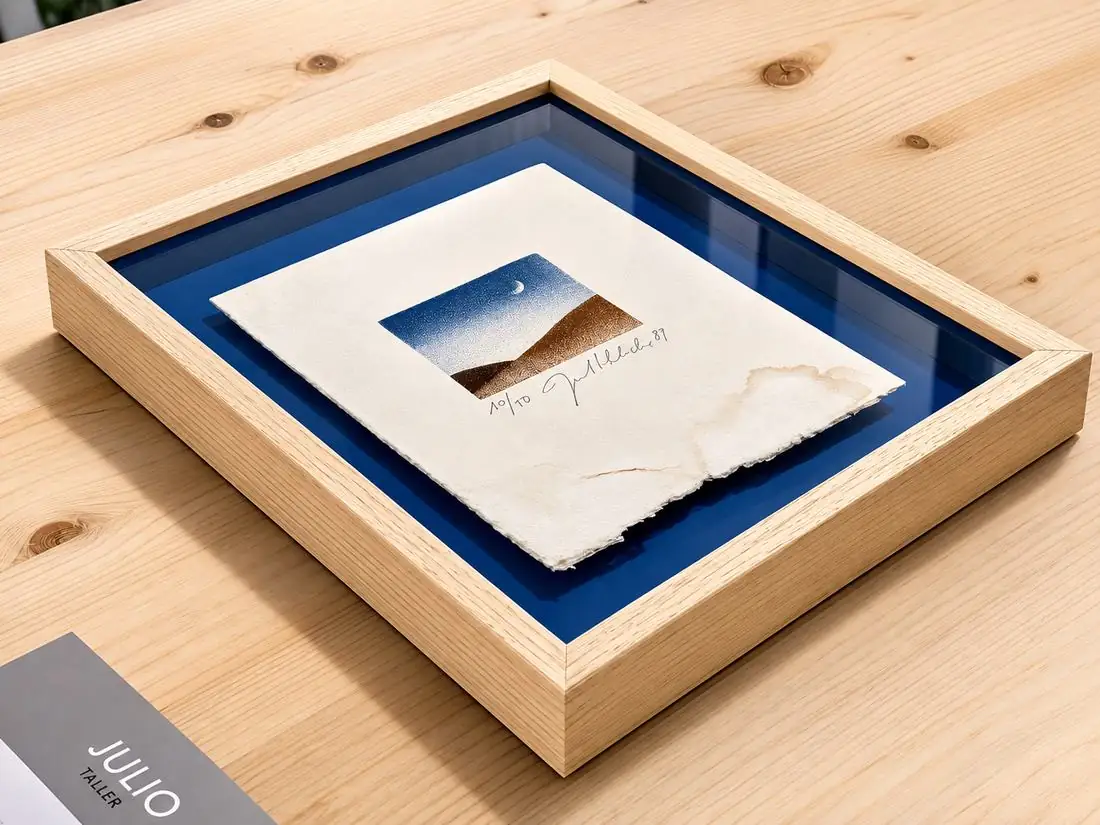 Grabado firmado y numerado, enmarcado en madera clara con fondo azul, sobre la mesa del taller