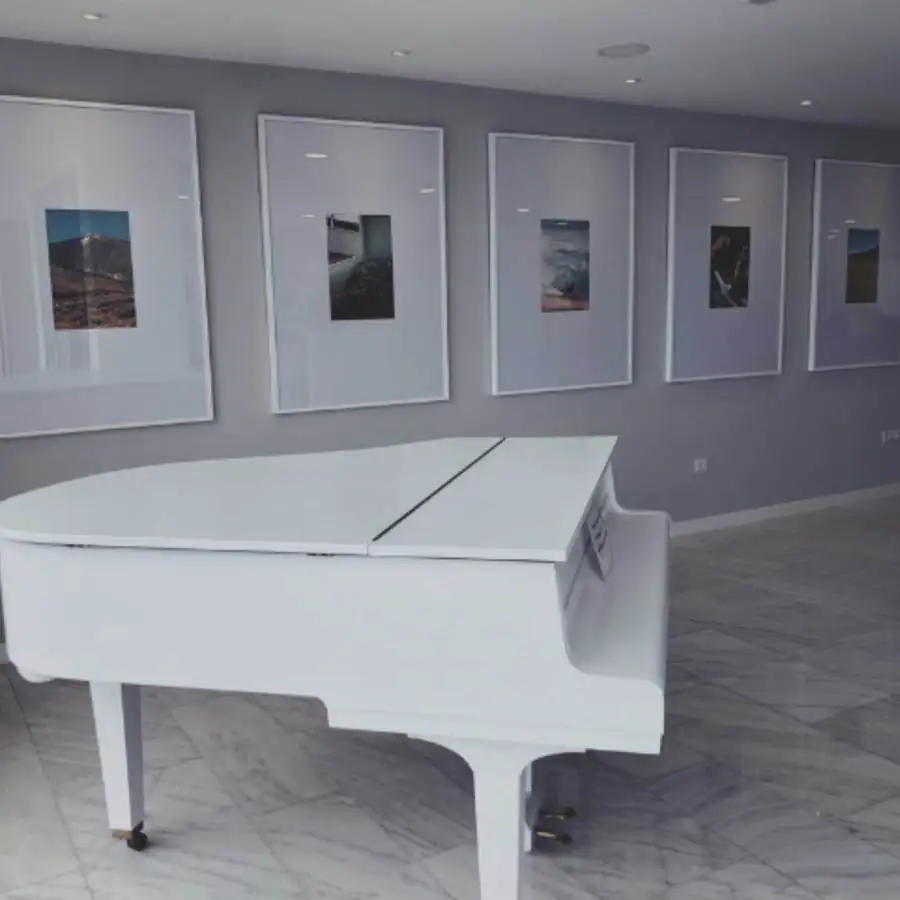 Sala con piano de cola y serie de cuadros enmarcados en blanco